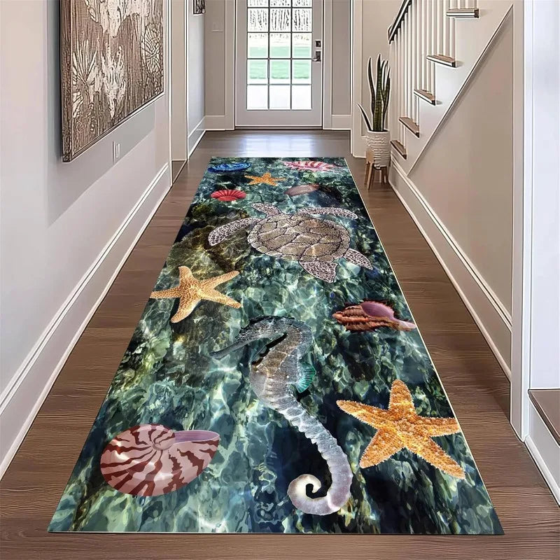 Ocean Theme Runner Rug 3D Vision Coral Reef Fish Starfish Jellyfish Printed Non-Slip Carpet  for Hallway Living Room Floor Decor