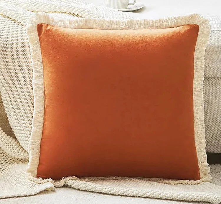 1PC Polyester Velvet Solid Throw Pillow With Tassel Embellishment Sofa Office Back Cushion Living Room Decorative Square