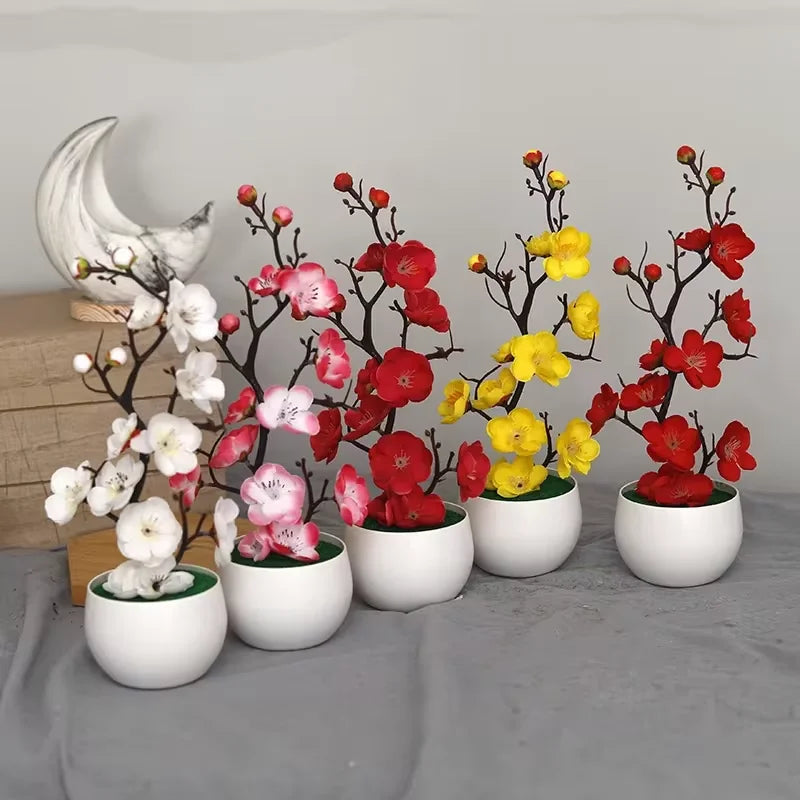 Artificial Plum Blossom Potted Plant, Fake Wintersweet Flower Bonsai for Home Tabletop Decor Chinese Style Floral Ornament