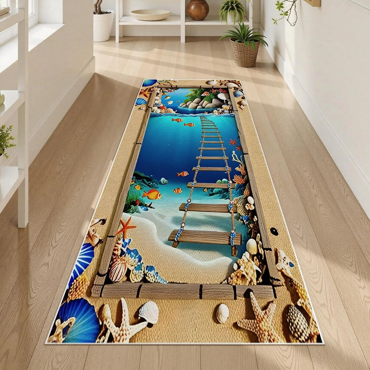 2D Ocean World Long Runner Rug Shark Coral Reef Fish Print Carpet Soft Non-Slip Underwater Adventure Home Decor Hallway Mat