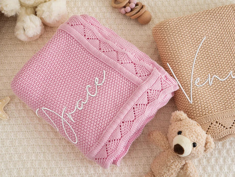 Personalized Knitted Blanket Embroidered Name Baby Boy Girl Soft Blanket Baby Shower Breathable Stroller Blanket Birthday Gift